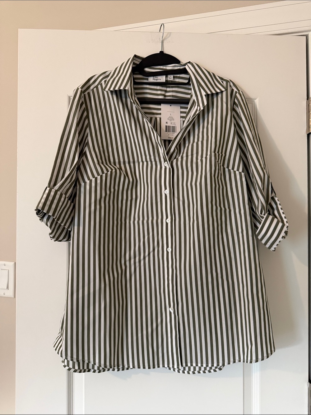 Kim Rogers Olive and White Vertical Stripe Button-Down Shirt